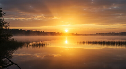 Fototapeta premium Sunrise Over Calm Lake Reflection