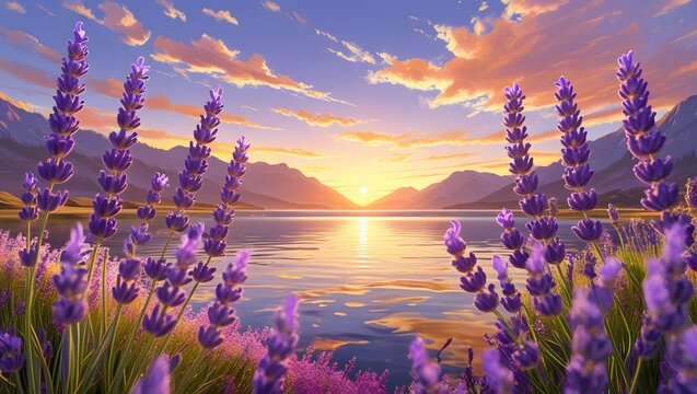 Vibrant Lavender Flowers Sunset Lake Mountains Serene Landscape - Powered by Adobe