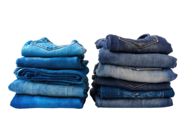 Two stacks of folded denim jeans in varying shades of blue (2)