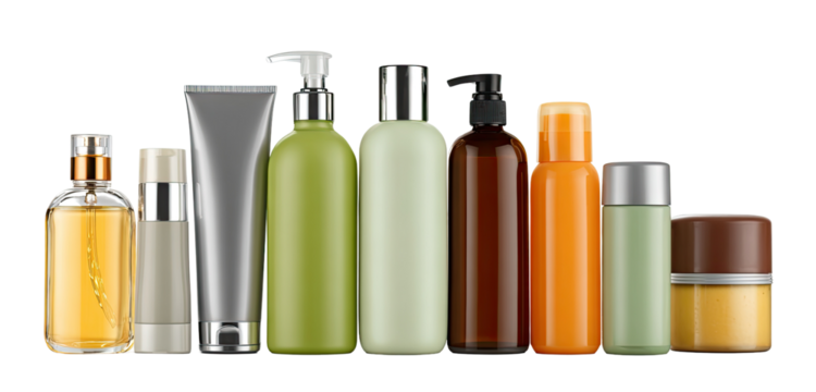 Row of various cosmetic containers in different colors and shapes