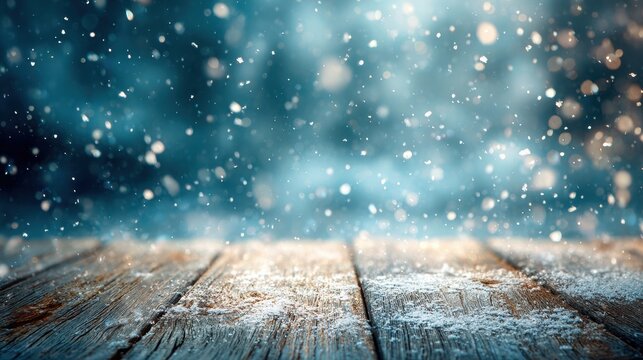 Beautiful winter snowy blurred defocused blue background and empty wooden flooring. Flakes of snow fall and sparkle on light, copy space. - Powered by Adobe