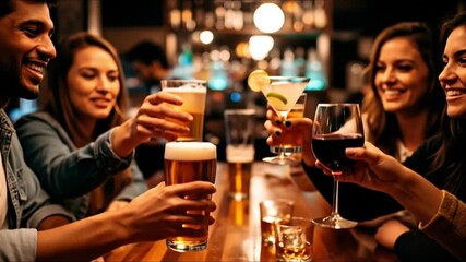 A group of friends clinking glasses of beer, wine, and cocktails at a bar, celebrating and socializing in a vibrant atmosphere.