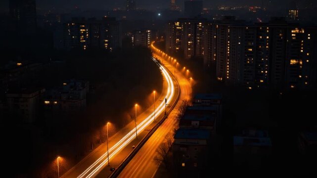 View from the height to the illuminated busy road and night city, multi-storey houses. Ukraine