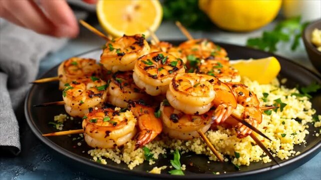 Grilled shrimp skewers with couscous