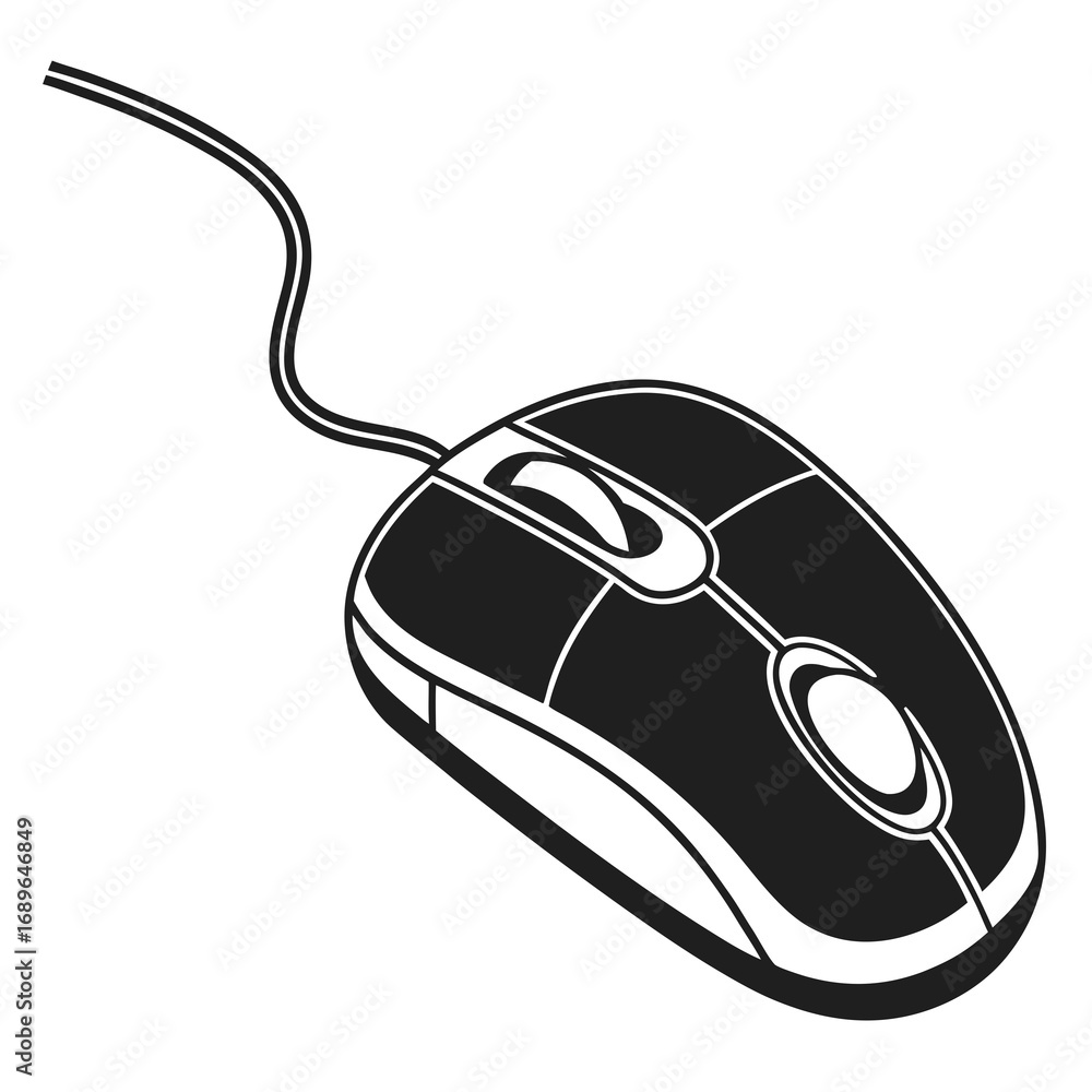 Poster a black and white illustration of a computer mouse with a cord on a white background