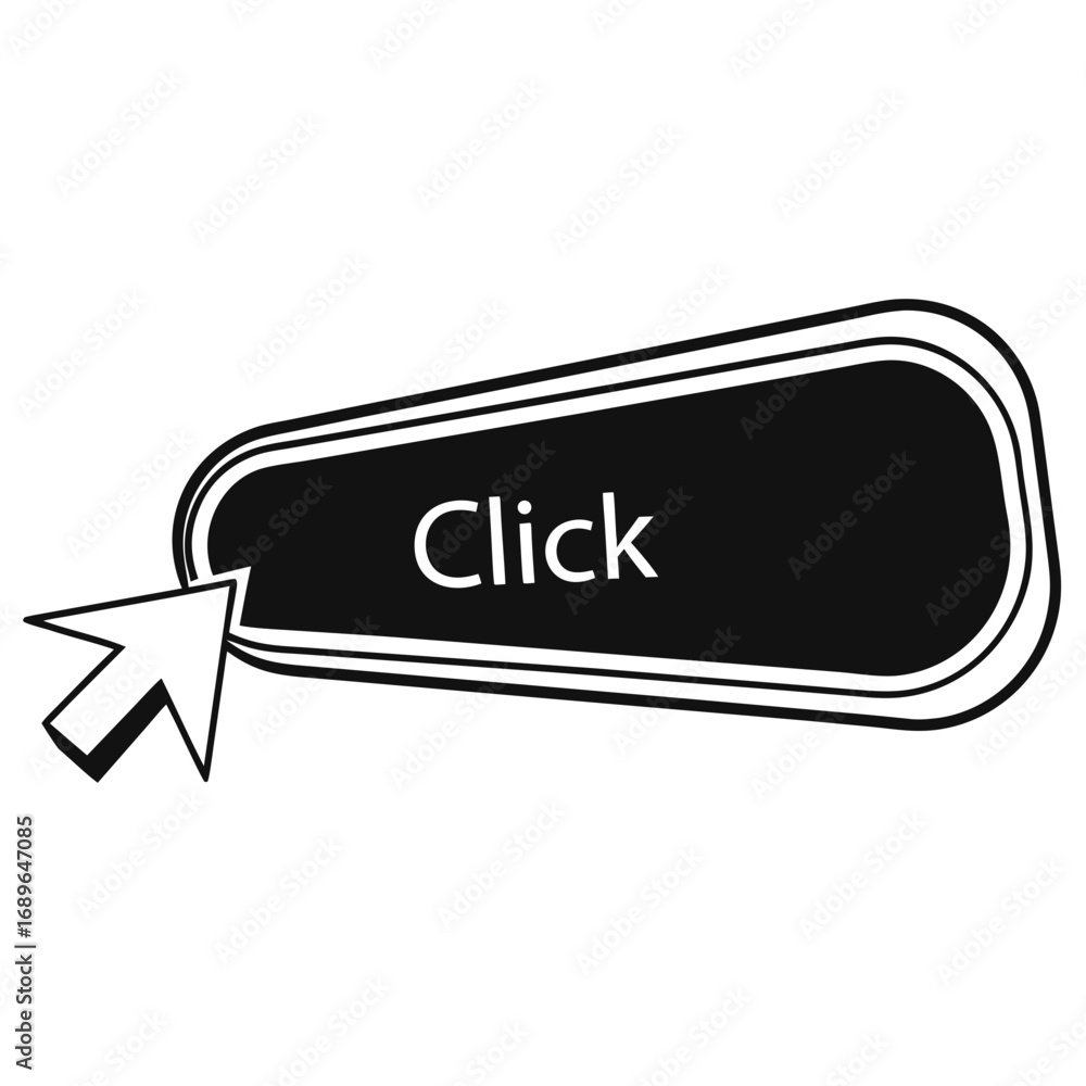 Leinwandbilder black button with the word click and a white arrow cursor pointing to it on a white background
