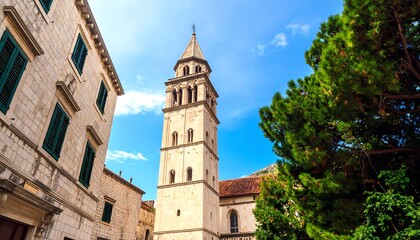 Fototapeta premium Old stone church tower in a European town