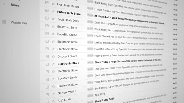 Sale cluttered inbox filled with spam email promotions and black friday 1