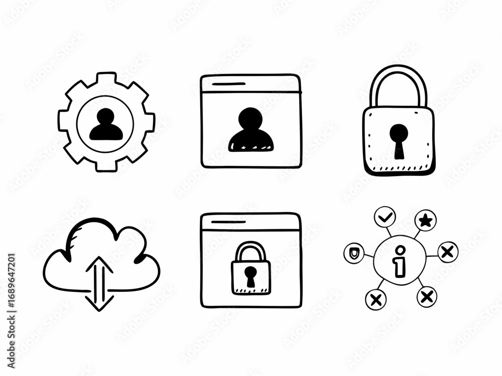 Poster collection of hand drawn doodle icons representing user profile cloud security and information manag