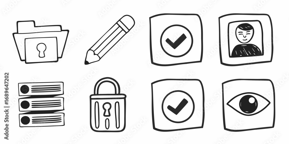 Poster collection of hand drawn doodle icons representing security privacy and data management concepts