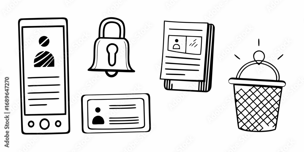 Poster collection of hand drawn icons representing digital profile security identification and a notificati