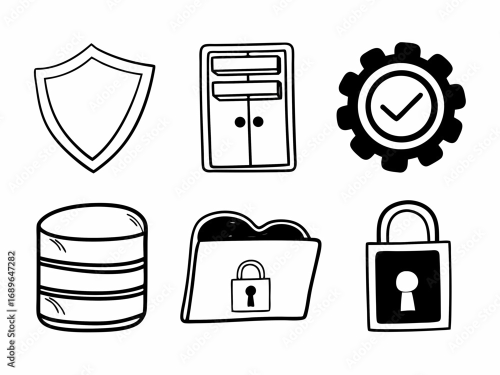 Poster collection of hand drawn icons representing cybersecurity concepts such as security protection data 