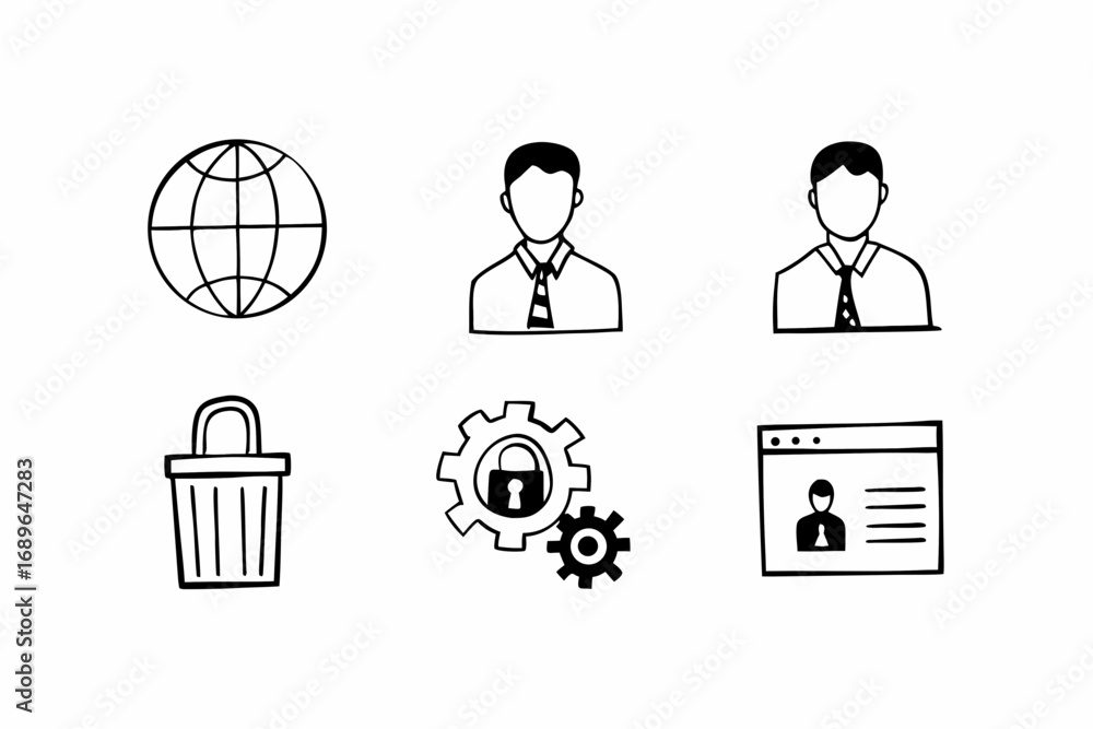 Poster collection of hand drawn icons representing global network users security settings and personal prof