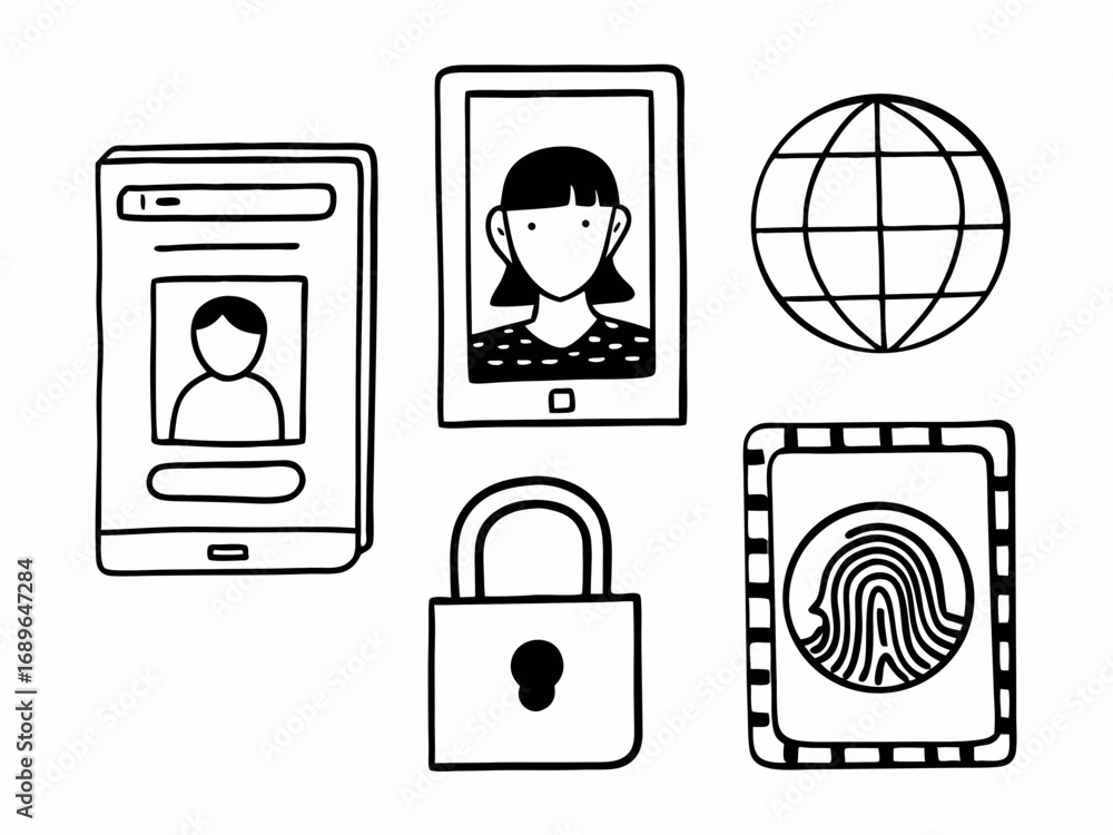 Poster collection of hand drawn icons representing digital security identity verification and global connec