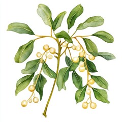 Obraz premium Christmas simple Mistletoe watercolor leaves white.