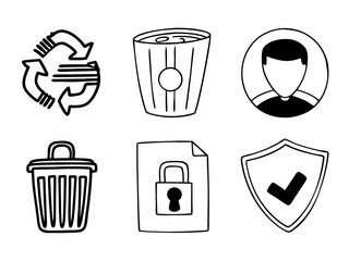 Collection of hand drawn icons representing recycling trash user profile document security and protection