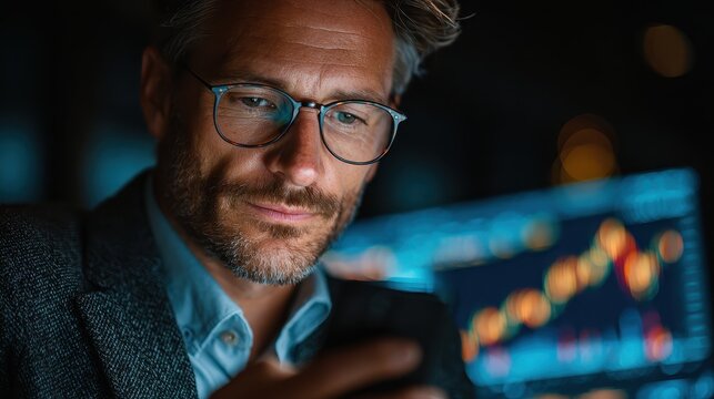 Man with Glasses Works Late Analyzing Stock Market Data on a Laptop in his Office, Showing Focus and Determination