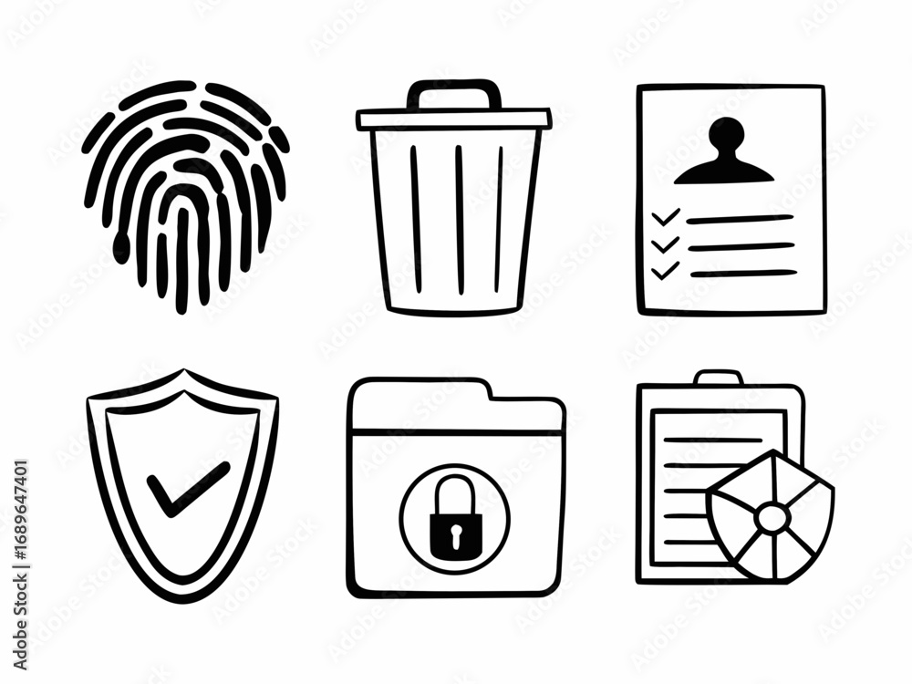 Poster collection of hand drawn icons representing security privacy data management and deletion concepts