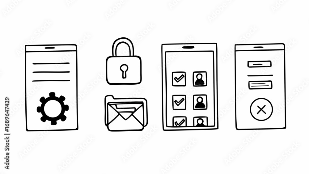 Poster collection of hand drawn icons representing user interface elements for mobile applications and digi