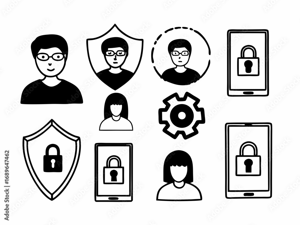 Poster collection of hand drawn icons representing user profiles security settings and mobile device protec