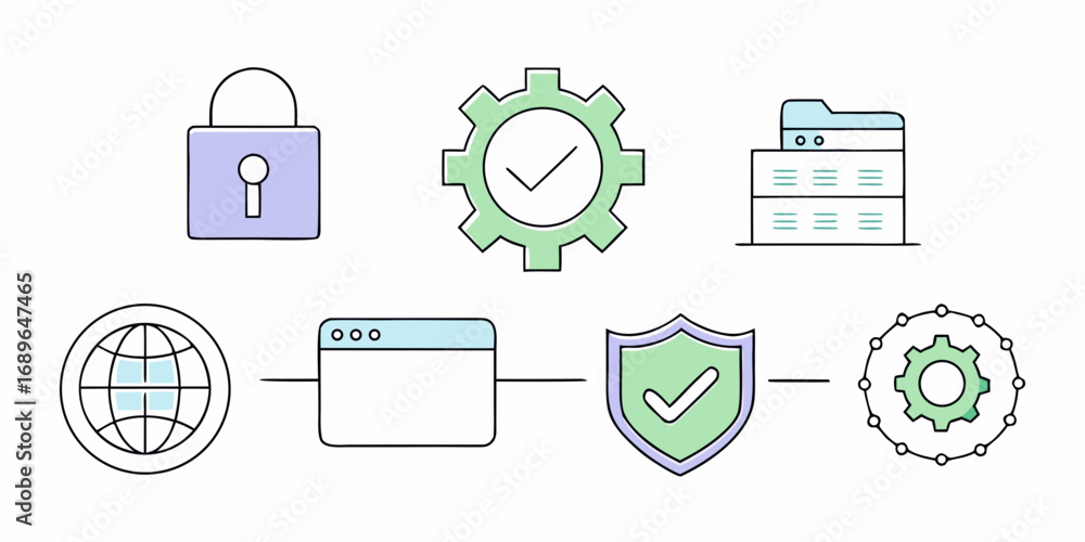 Poster collection of icons representing digital security data management and operational processes in a sim