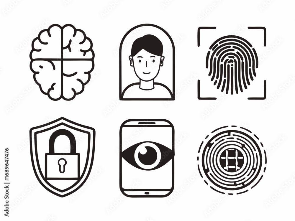 Aufkleber collection of icons representing security privacy identity and technology concepts in a clean outlin