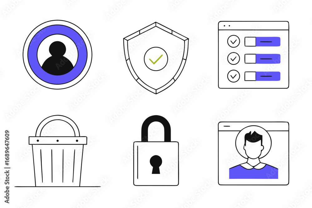 Poster collection of modern flat design icons representing security privacy user profile and shopping cart 