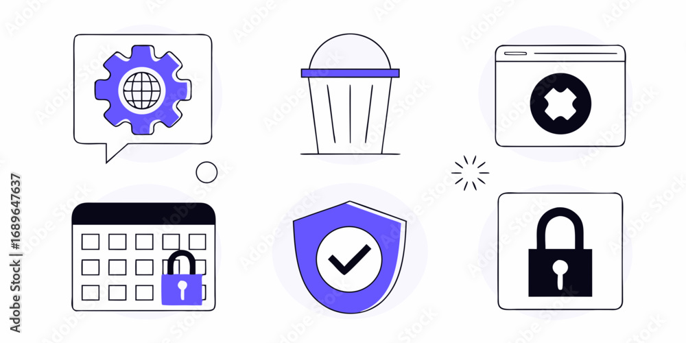 Poster collection of modern flat design icons representing security settings calendar and data management c