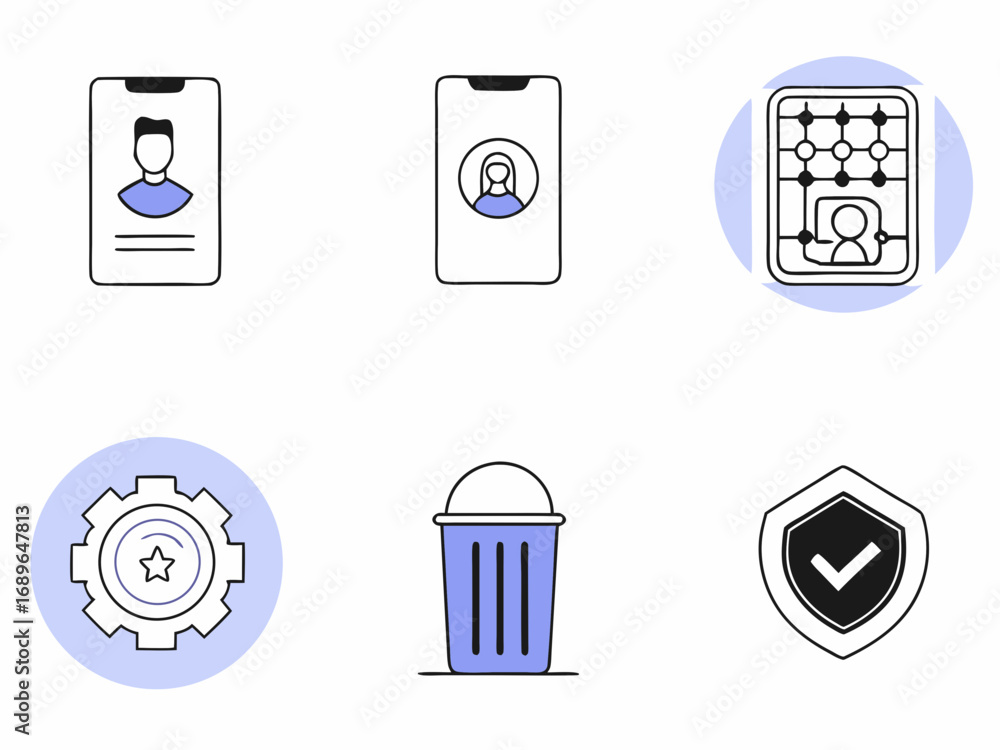 Aufkleber collection of modern flat icons representing user profile settings security and trash can on a white
