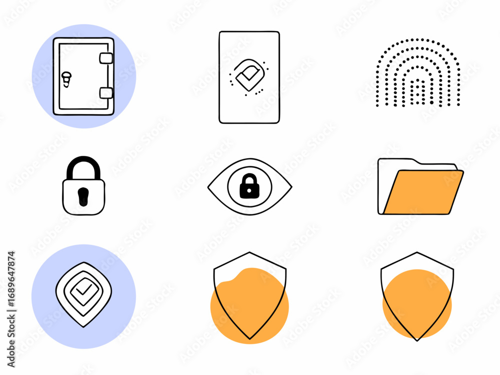 Poster collection of nine simple line art icons representing security concepts like locks shields and eyes