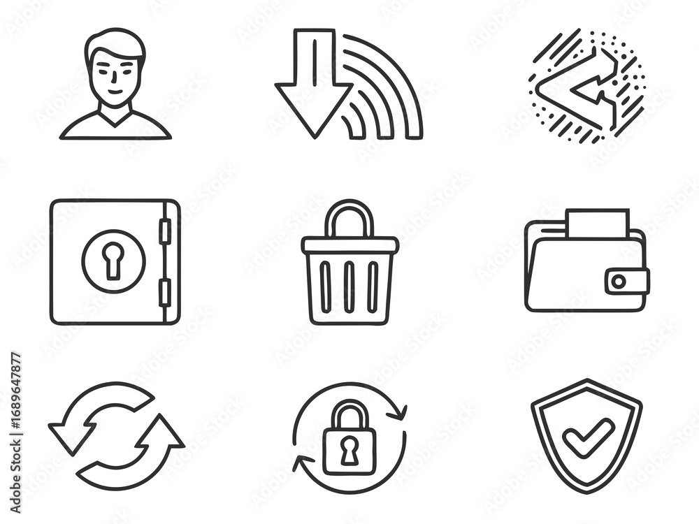 Aufkleber collection of nine simple outline icons representing user profile download safe shopping cart wallet
