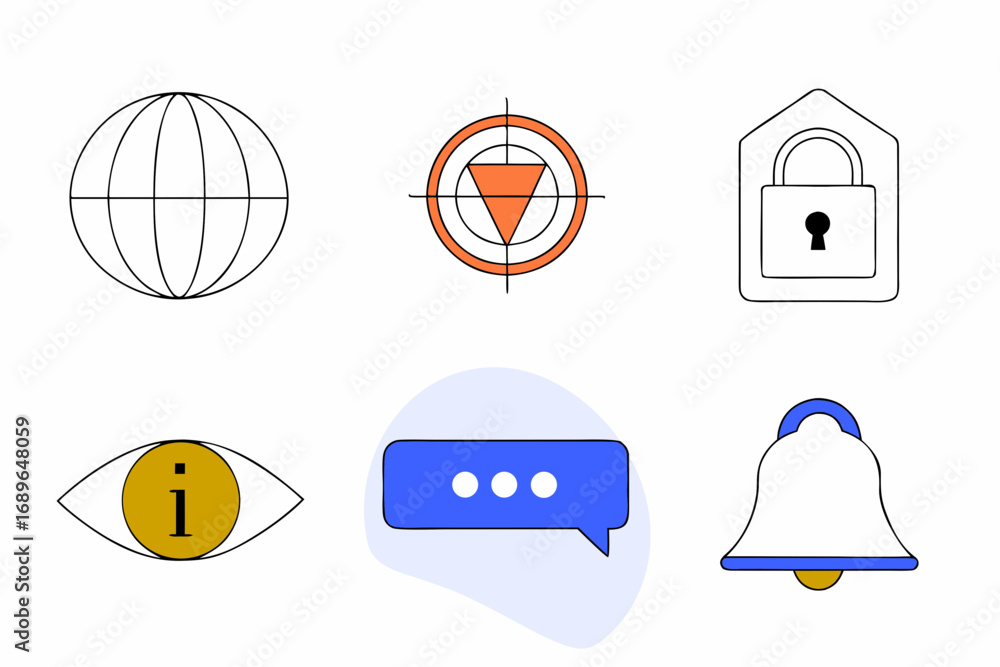 Poster collection of simple flat design icons representing global connection security information communica
