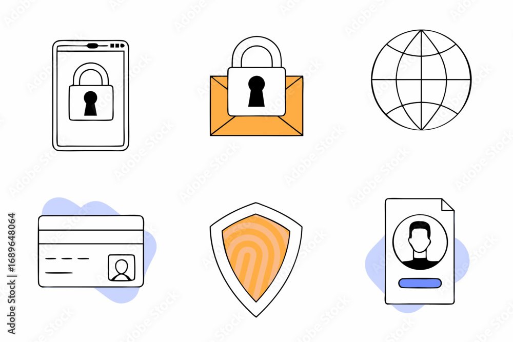 Aufkleber collection of simple line art icons representing digital security and personal data protection conce