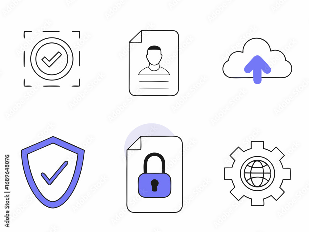 Poster collection of simple outline icons representing security data and technology concepts on a white bac