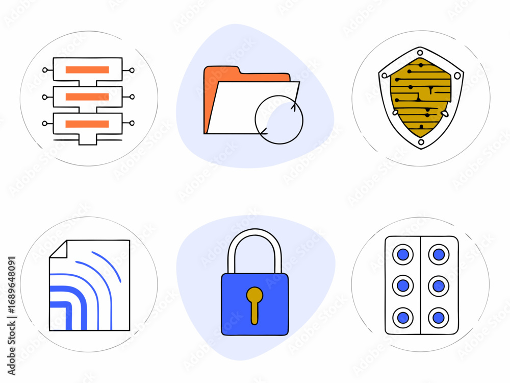Poster collection of six modern flat design icons representing data security backup network and protection 