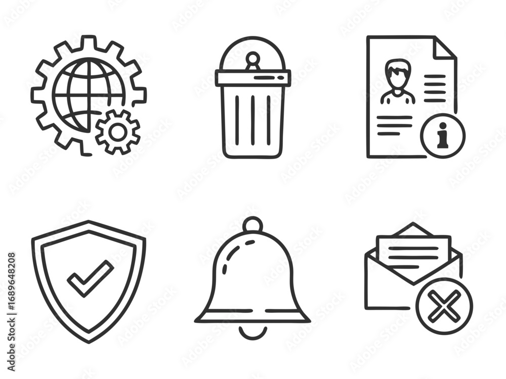 Aufkleber collection of six simple outline icons representing global settings trash can user profile shield wi