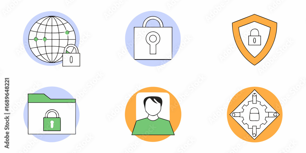 Poster collection of six simple security and privacy icons representing data protection and user identity