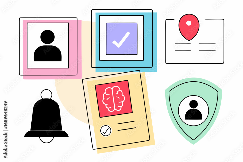 Poster collection of stylized icons representing profile verification location brain notification and secur
