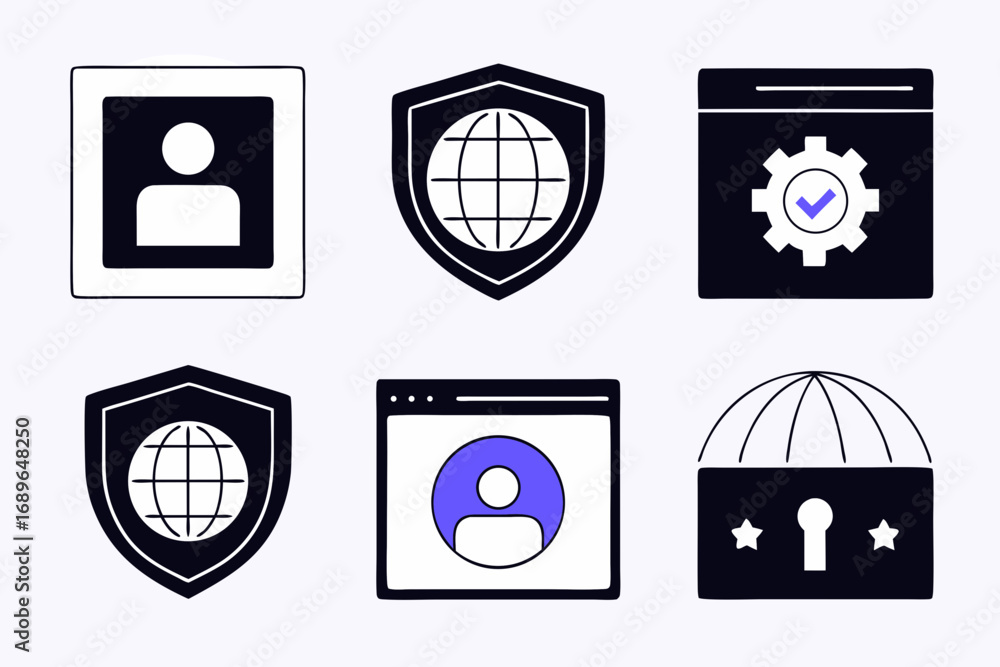 Aufkleber collection of stylized icons representing user profile global security website settings and digital 