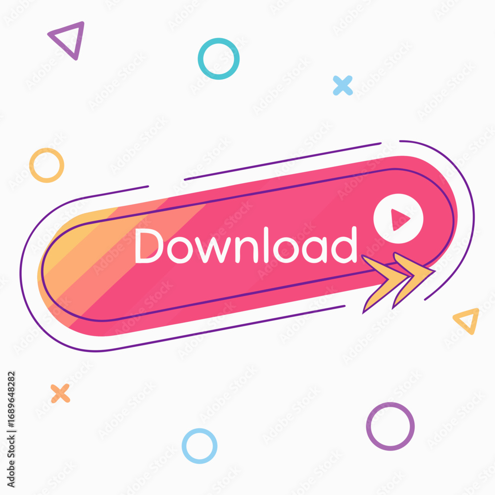 Poster colorful abstract download button with play icon and arrow on white background with geometric shapes