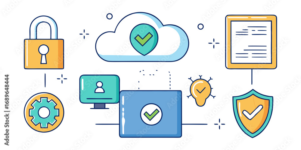 Poster digital security and data protection concept with cloud lock computer and shield icons