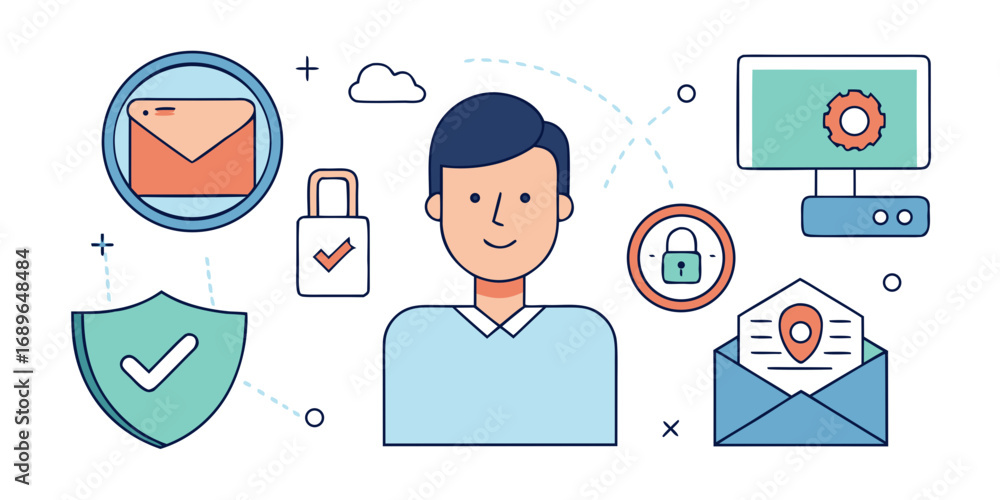 Poster digital security and privacy concept with a person surrounded by icons representing data protection 