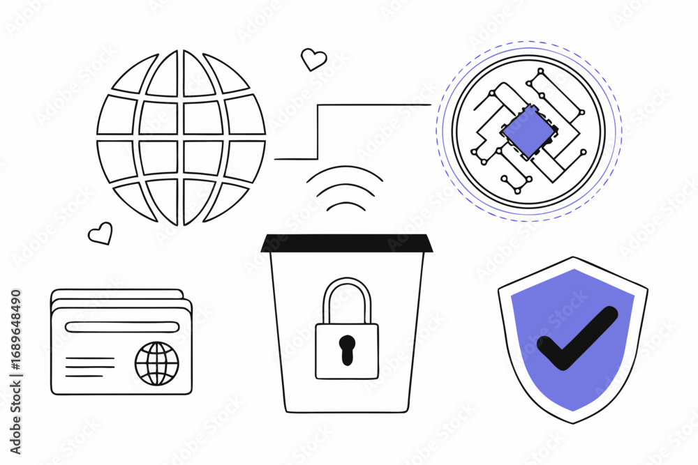Poster digital security and privacy concept with interconnected icons representing data technology and prot