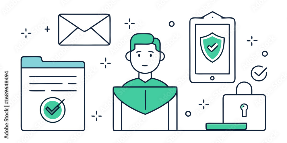 Poster digital security and privacy concept with person documents email tablet and padlock icons