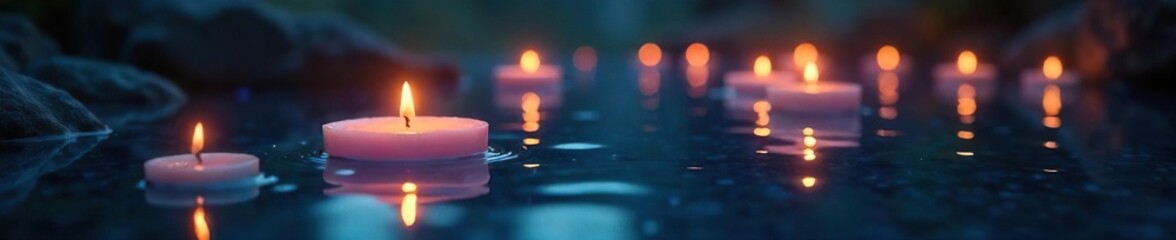 Enchanted floating candles illuminate a dark pool of water, creating a magical, ethereal ambiance Perfect for spa, meditation, or fantasy themed projects , spa, beauty, magical scene