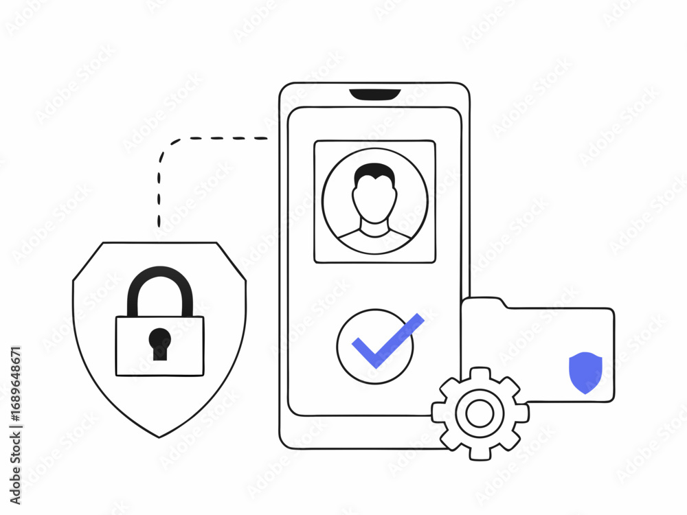 Poster digital security concept with smartphone profile locked shield verified checkmark and data folder