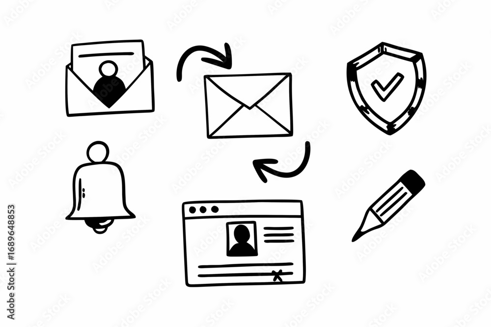 Poster hand drawn icons representing communication security notifications and profile management on a white