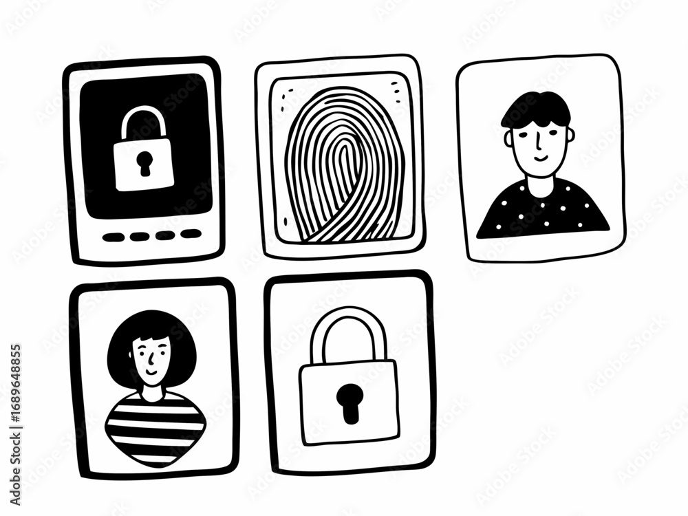 Poster hand drawn icons representing security and user identification including fingerprints and locks