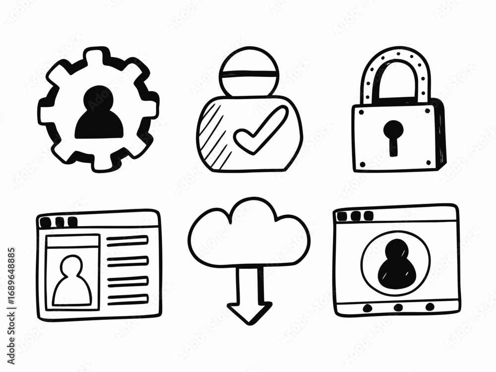 Fototapete hand drawn icons representing user profiles security cloud computing and system settings on a white 