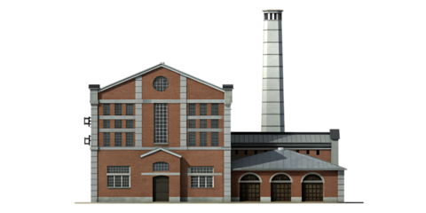 Old brick factory building with tall chimney isolated on a transparent background 1